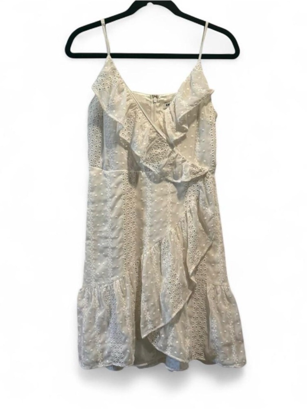 Express Cream Eyelet Ruffle Spaghetti-Strap Mini Dress